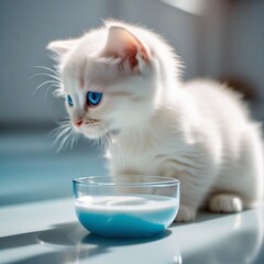 cute white kitten with blue eyes and a bowl of milk