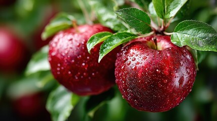 Fresh Red Apples with Water Droplets Hanging on Tree Branch
