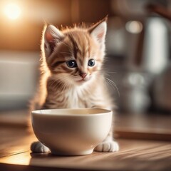 cute ginger kitten and a bowl of milk