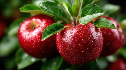 Obraz premium Fresh Red Apples on Tree Branch with Water Droplets and Green Leaves