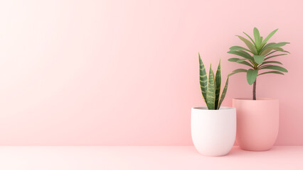Green Indoor Plants in Stylish Pots Against a Soft Pink Background for Modern Decor