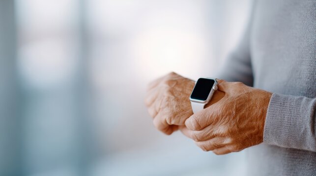 Senior man is adjusting smartwatch on wrist while standing indoors, showcasing modern technology and personal health management in daily life
