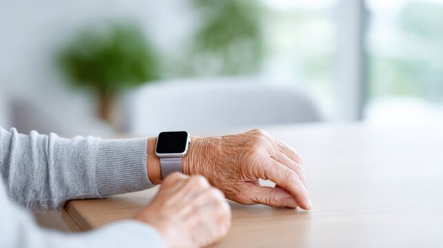 Senior woman wearing smartwatch is checking time while sitting at wooden table in bright, modern living space with greenery in background - Powered by Adobe