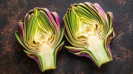 Obraz premium Freshly Cut Artichokes Displaying Vibrant Green Leaves and Unique Textures on Dark Rustic Background