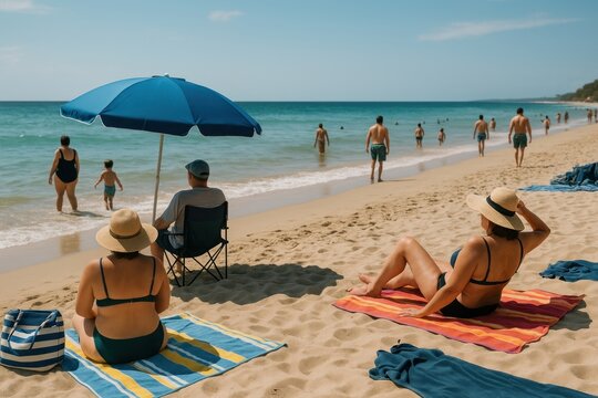 Relaxing beach day under sun.