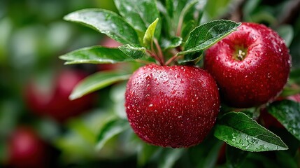 Obraz premium Fresh Red Apples on Tree Branch with Water Droplets in Orchard