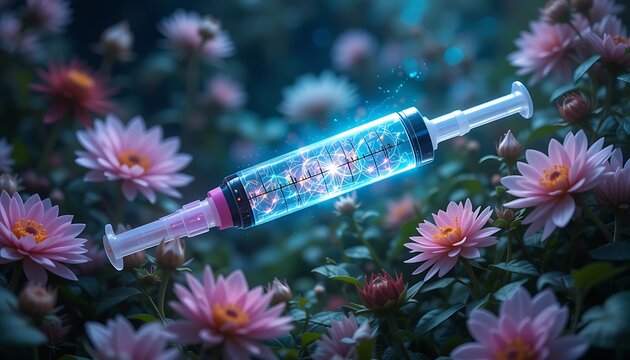 BioTech Syringe & Flowers - Sci-Fi Concept - BioTech & Genetic Engi. - Powered by Adobe