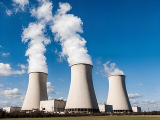 A realistic full view of a nuclear power plant under a bright midday sun.