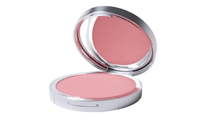 Pink compact, silver trim, open lid, blush powder for cheeks, cosmetic product