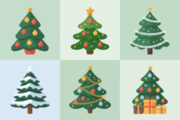 Pine tree assortment, various decorated evergreens, lights garlands ornaments, cute shapes, winter celebration vector set, festive icons, decorative holiday graphics, cheerful collection