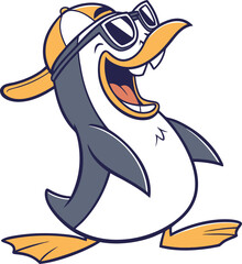 Naklejka premium A cool cartoon penguin mascot character walking happily while wearing sunglasses and a backwards baseball cap. A fun and cheerful arctic animal illustration.