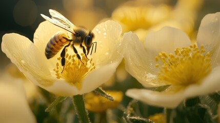 Close-Up of Bee Pollinating Yellow Flower in Early Morning Light with Dew Drops on Petals