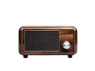 Vintage wooden radio with mesh speaker and silver tuning knob on white background