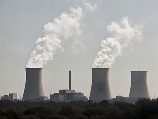 A photorealistic scene of a nuclear power plant on a cloudy, overcast day. 