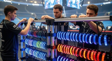 Workers setting up modular racks filled with LED wristbands on distribution rigs ahead of a major esports competition.
