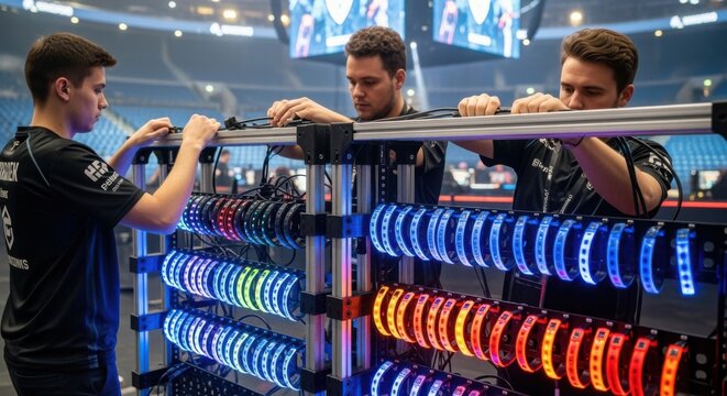 Workers setting up modular racks filled with LED wristbands on distribution rigs ahead of a major esports competition.
