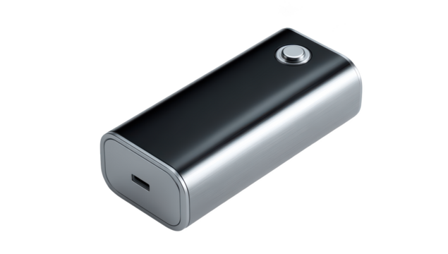 Metallic USB-C power bank, rounded rectangle, button on top