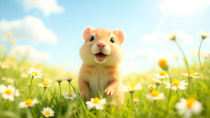 Cute Hamster Smiling in a Bright Flower Field Under Blue Skies and Soft White Clouds