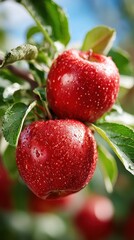 Obraz premium Fresh Red Apples on Branch with Water Droplets in Orchard, Close Up