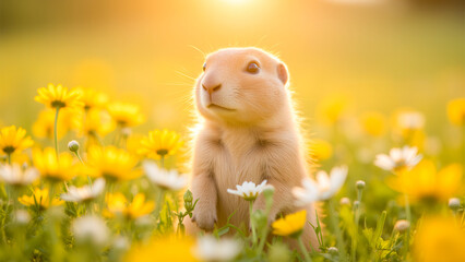 Adorable Young Animal Among Bright Yellow and White Flowers in Soft Gentle Sunlight