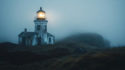 Lonesome Lighthouse Stands Tall In Misty Night