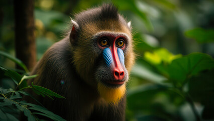 Majestic Mandrill Monkey Posing Elegantly Amid Lush Green Jungle Foliage and Plants
