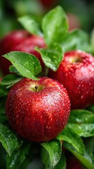 Fresh Red Apples with Water Droplets and Green Leaves Close Up