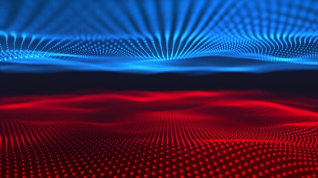 A captivating abstract digital landscape with blue and red waves in a data-driven design.