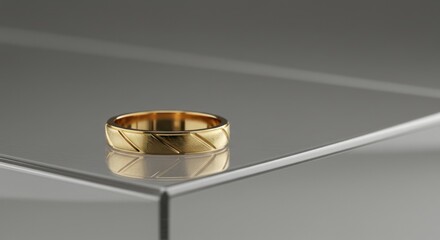 Gold wedding band with textured surface, elegantly displayed on a reflective platform.