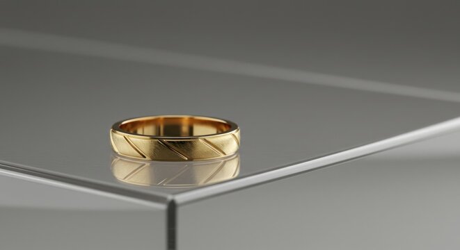 Gold wedding band with textured surface, elegantly displayed on a reflective platform.