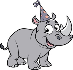 Fototapeta premium Happy cartoon rhinoceros celebrating a birthday with a festive polka dot party hat, cute smiling animal character illustration