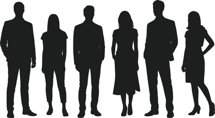 Silhouettes of stylish people in formal and casual wear, standing together, black and white vector illustration, fashion and business concept