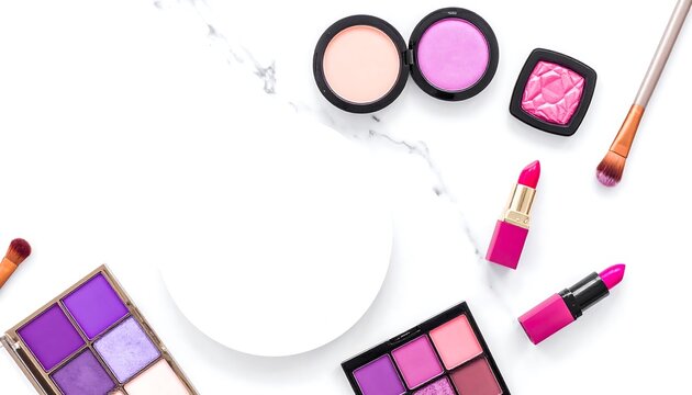 A flat lay arrangement of various makeup products, including compact powder, blush, eyeshadow palettes, and lipsticks in vibrant pink and purple hues, displayed on a white marble surface.