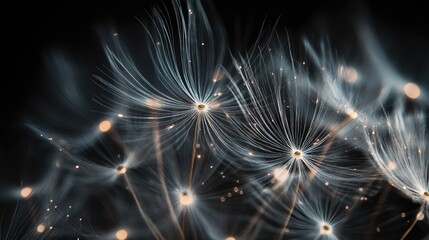 Fototapeta premium Abstract macro of dandelion fibers with glowing edges against black background, creating a dreamy and ethereal atmosphere