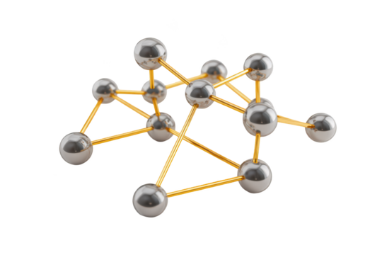Spherical silver balls linked by gold connectors, resembling molecular structure