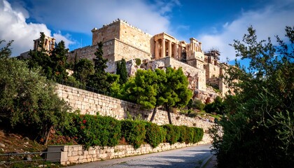 Ancient Athenian landscape showcasing the Parthenon, with lush greenery and a paved pathway leading to the historical site.