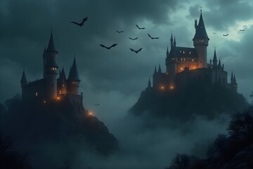 Mysterious castles illuminated at night with bats flying under a cloudy sky