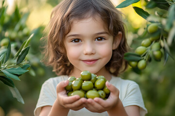 Generative AI image of smiling child holding harvested green olives in olive oil production farm