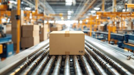 Cardboard box in focus on automated assembly line, showcasing modern manufacturing, robotics, and streamlined logistics process