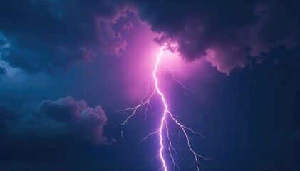 Dramatic Lightning Bolt Striking Dark Stormy Sky, Intense Flash Illuminates Clouds, Powerful Nature Photography Perfect for Weather, Energy, and Power Projects