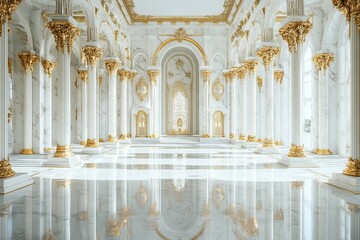 Fototapeta premium A grand interior featuring ornate columns and arches with gold accents and a reflective marble floor, ideal for showcasing luxury architecture and design.