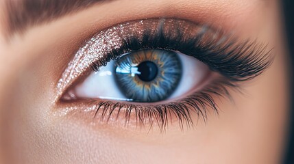 Obraz premium Close-up of eye with dramatic eyelash extensions, natural makeup, and soft lighting, emphasizing glamour and detail