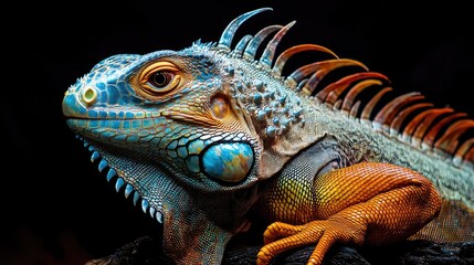 Fototapeta premium Close-up of iguana perched, isolated on dark background, highlighting scaly skin texture, vibrant colors, and sharp details
