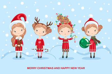 Cute christmas cartoon girls in winter costumes and res santa's hats. Christmas and new year greeting card. Vector illustration