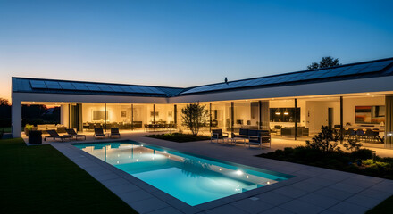 Fototapeta premium Modern luxury villa with swimming pool and garden at dusk