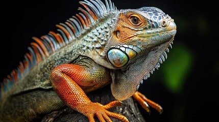 Obraz premium Close-up of iguana perched, isolated on dark background, highlighting scaly skin texture, vibrant colors, and sharp details