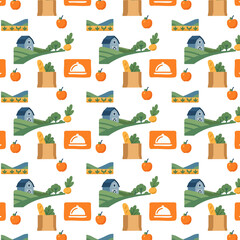 This seamless farm-to-table pattern illustration features barns, fields, grocery bags, apples, and food icons in a playful and colorful style.