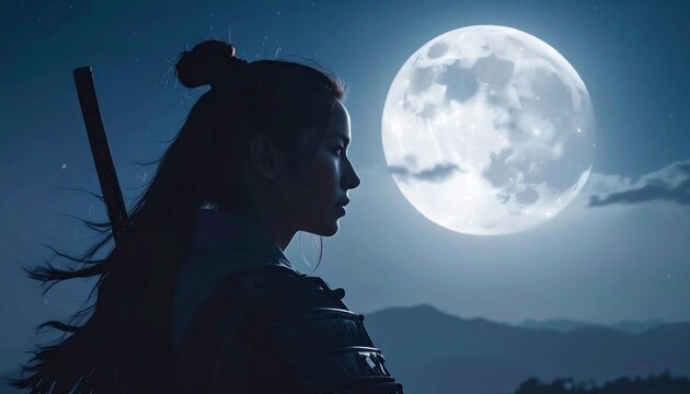 focused side view of a female samurai, adorned in armor with a sword, standing against a dramatic night sky illuminated by a large, detailed full moon. The image