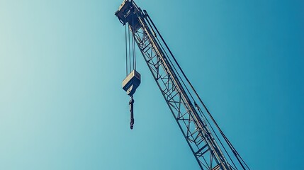 Naklejka premium Close-up view of crane arm with suspended hook, reaching into clear sky, representing heavy machinery, construction power, and urban development backdrop