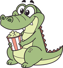 Naklejka premium Happy green cartoon alligator character enjoying a movie night snack with a bucket of popcorn.